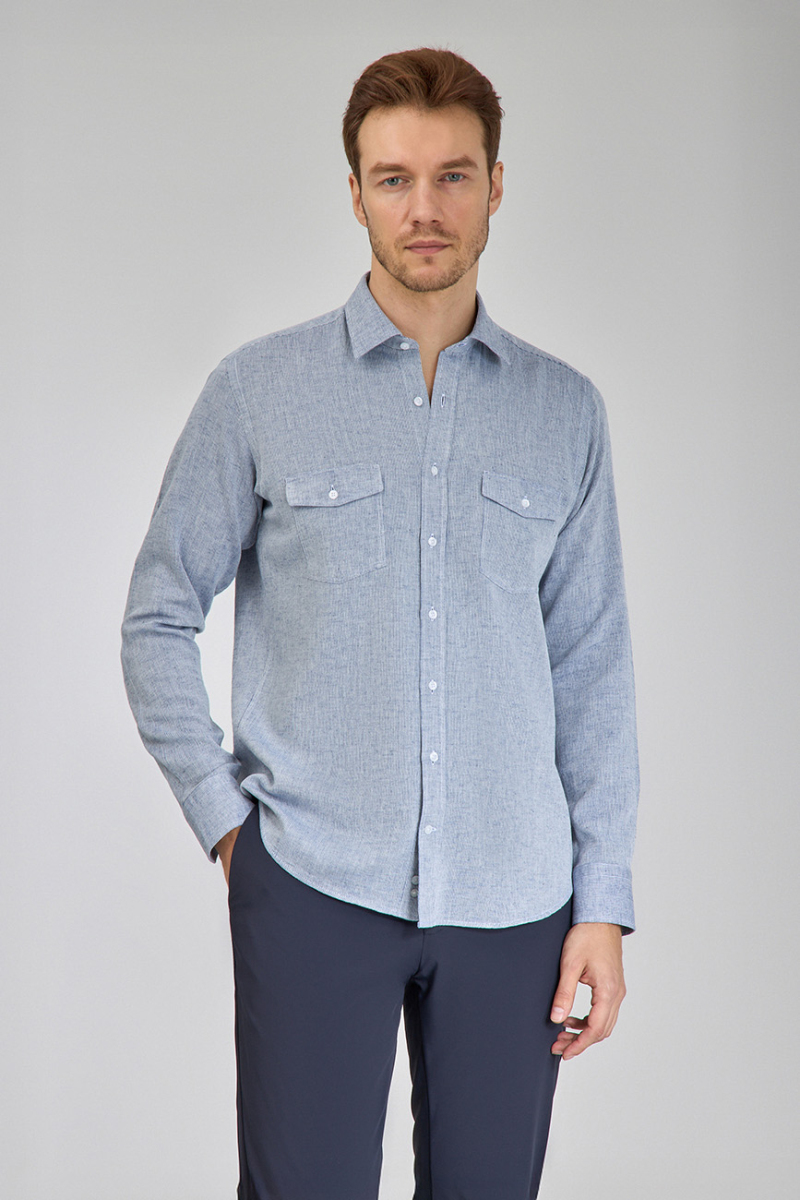 Regular Fit Spor Yaka Mavi Pamuk Keten Linen Erkek Gömlek - 1