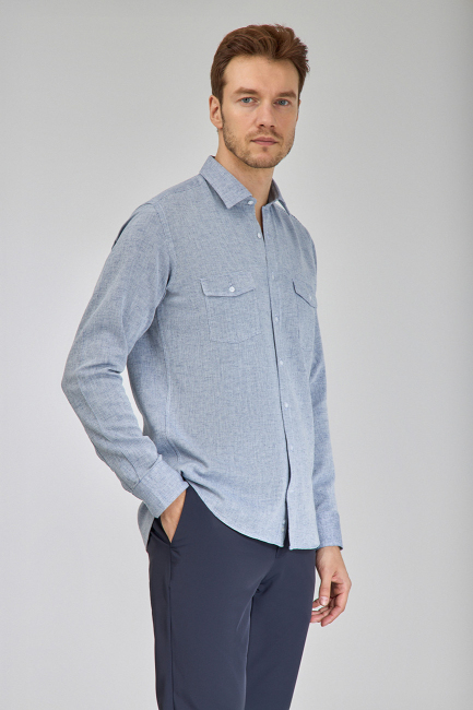 Regular Fit Spor Yaka Mavi Pamuk Keten Linen Erkek Gömlek - 5