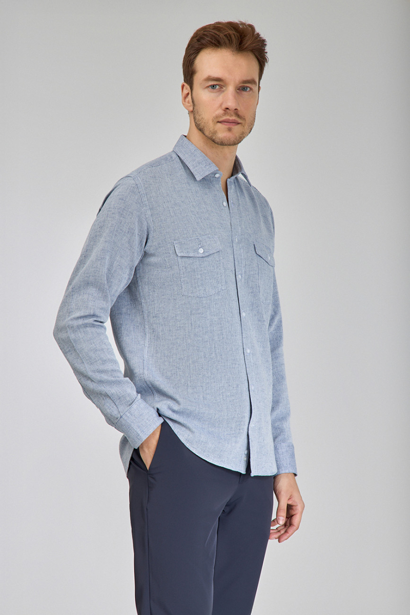 Regular Fit Spor Yaka Mavi Pamuk Keten Linen Erkek Gömlek - 5