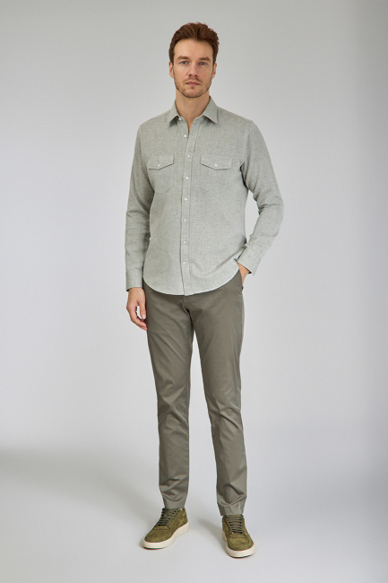 Regular Fit Spor Yaka Yeşil Pamuk Keten Erkek Gömlek (1)