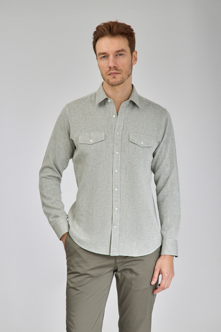 Regular Fit Spor Yaka Yeşil Pamuk Keten Erkek Gömlek