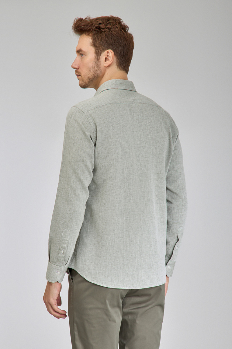 Regular Fit Spor Yaka Yeşil Pamuk Keten Erkek Gömlek - 6