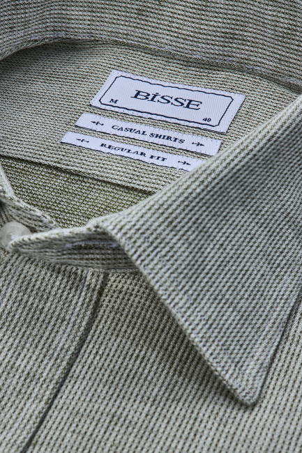 Regular Fit Spor Yaka Yeşil Pamuk Keten Erkek Gömlek - 3