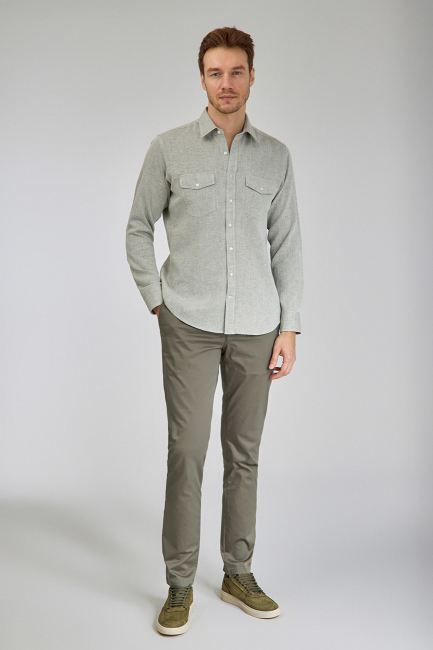 Regular Fit Spor Yaka Yeşil Pamuk Keten Erkek Gömlek - 4