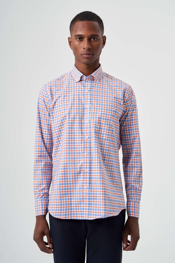 Regular Fit Turuncu Yazlık Ekose Paşa Yaka Spor Erkek Gömlek