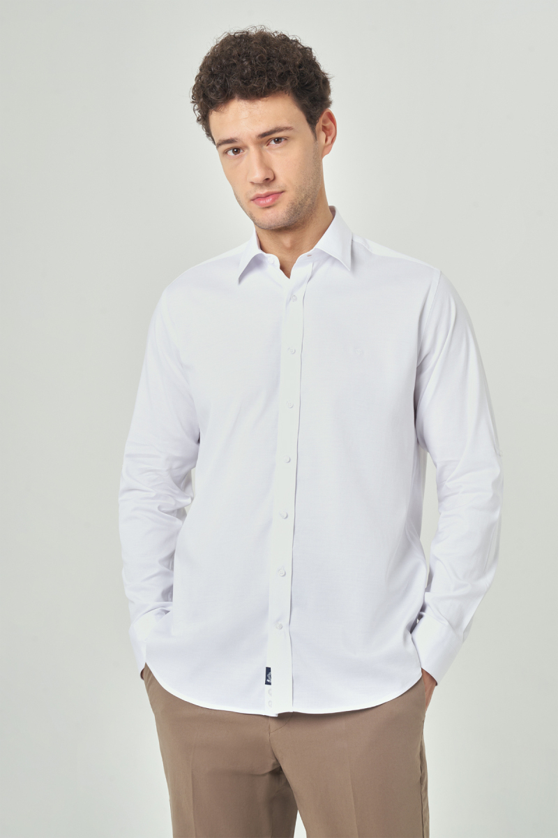 Regular Fit Twill Dokulu Beyaz Spor Erkek Gömlek
