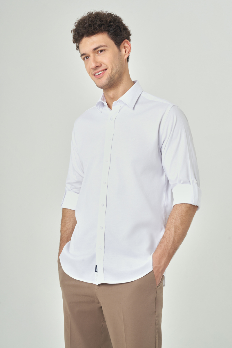 Regular Fit Twill Dokulu Beyaz Spor Erkek Gömlek - 4