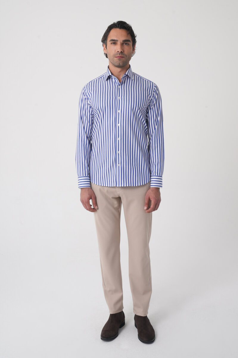 Regular Fit Uzun Kol İtalyan Yaka Pamuk Lacivert Gömlek - 2