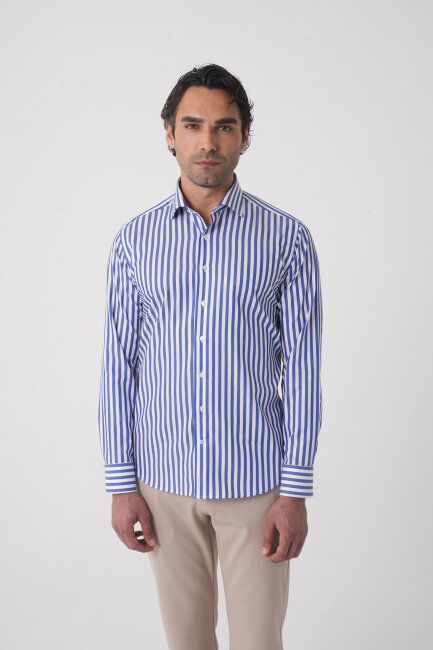 Regular Fit Uzun Kol İtalyan Yaka Pamuk Lacivert Gömlek