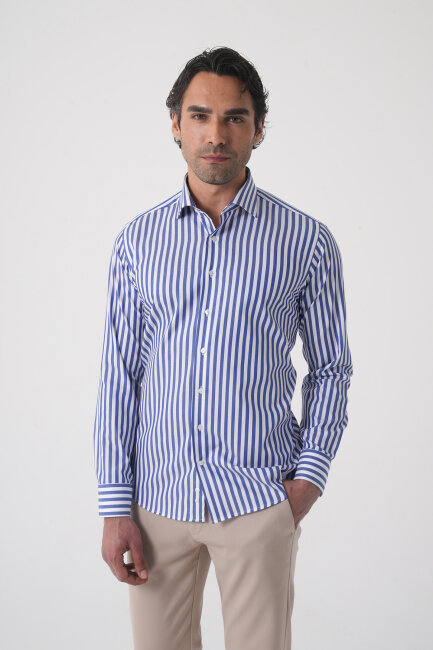 Regular Fit Uzun Kol İtalyan Yaka Pamuk Lacivert Gömlek - 4