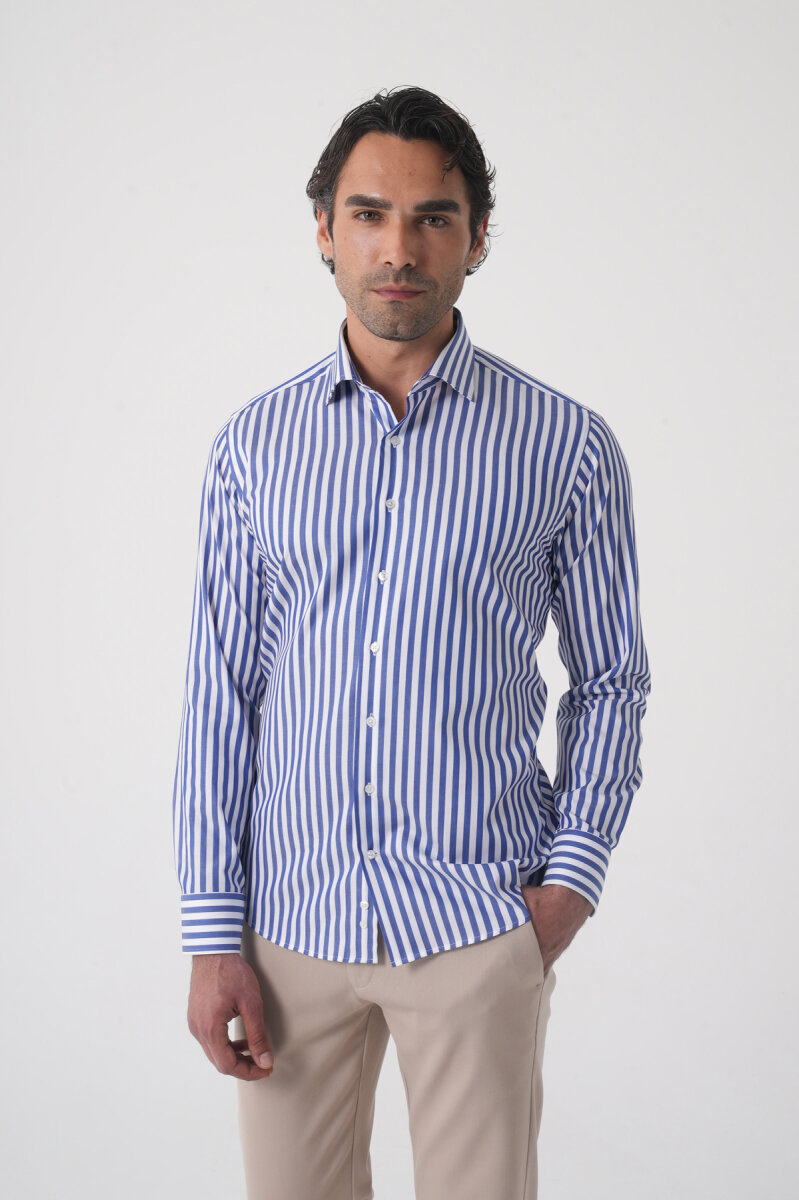 Regular Fit Uzun Kol İtalyan Yaka Pamuk Lacivert Gömlek - 4