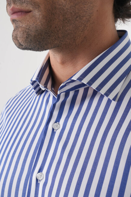 Regular Fit Uzun Kol İtalyan Yaka Pamuk Lacivert Gömlek - 5