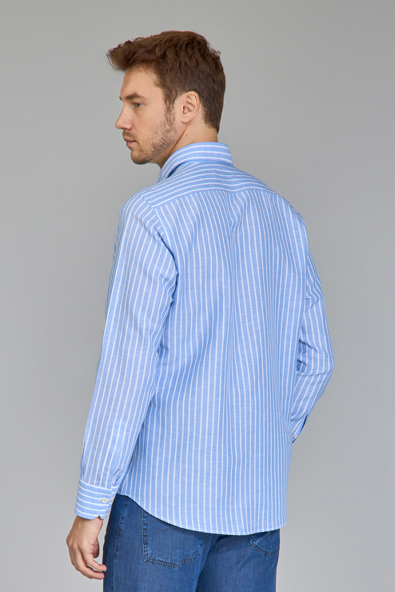 Regular Fit Uzun Kollu Açık Mavi Keten Pamuk Karışımlı Erkek Gömlek (1)