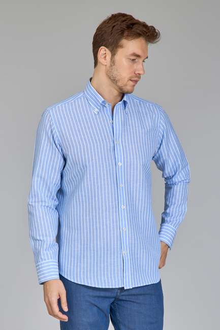 Regular Fit Uzun Kollu Açık Mavi Keten Pamuk Karışımlı Erkek Gömlek - 3