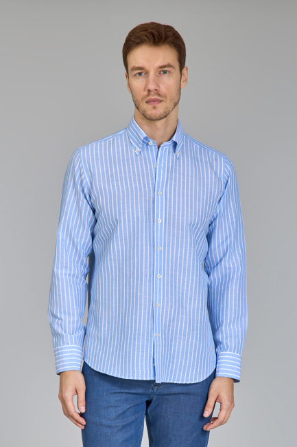 Regular Fit Uzun Kollu Açık Mavi Keten Pamuk Karışımlı Erkek Gömlek - 4