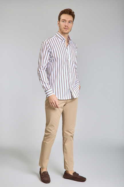 Regular Fit Uzun Kollu Kahve Pamuk Erkek Gömlek - 3