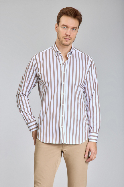 Regular Fit Uzun Kollu Kahve Pamuk Erkek Gömlek - 1