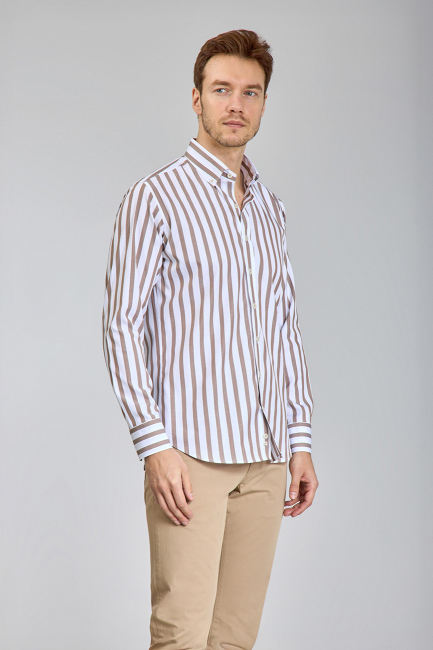 Regular Fit Uzun Kollu Kahve Pamuk Erkek Gömlek - 2