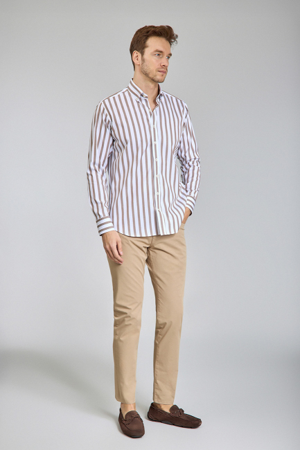 Regular Fit Uzun Kollu Kahve Pamuk Erkek Gömlek - 4