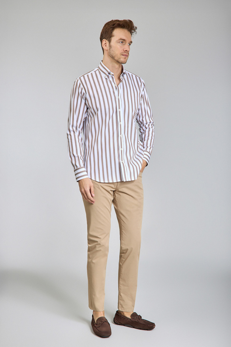 Regular Fit Uzun Kollu Kahve Pamuk Erkek Gömlek - 4