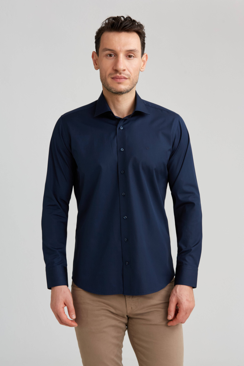 Regular Fit Uzun Kollu Lacivert Basic Erkek Gömlek