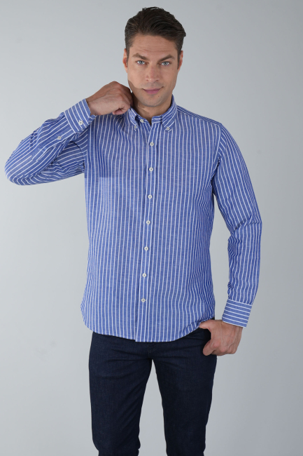 Regular Fit Uzun Kollu Lacivert Pamuk Keten Erkek Gömlek 