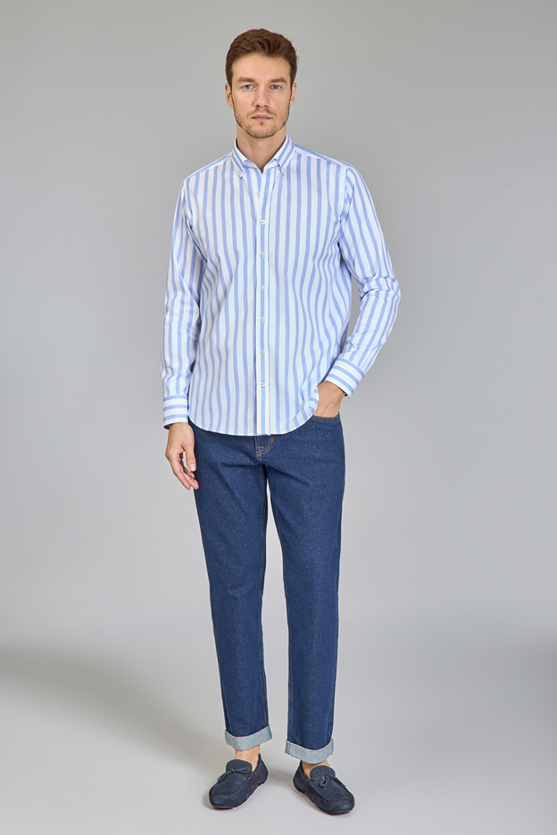 Regular Fit Uzun Kollu Mavi Pamuk Erkek Gömlek - 3