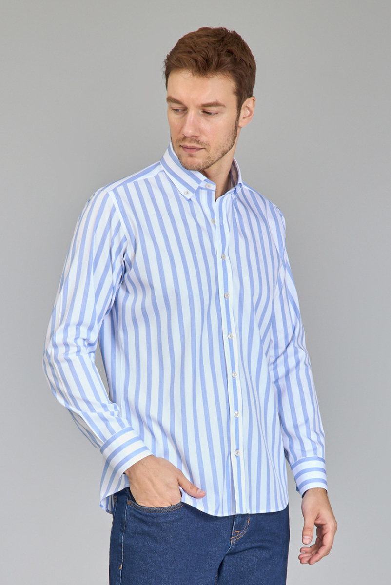 Regular Fit Uzun Kollu Mavi Pamuk Erkek Gömlek - 2
