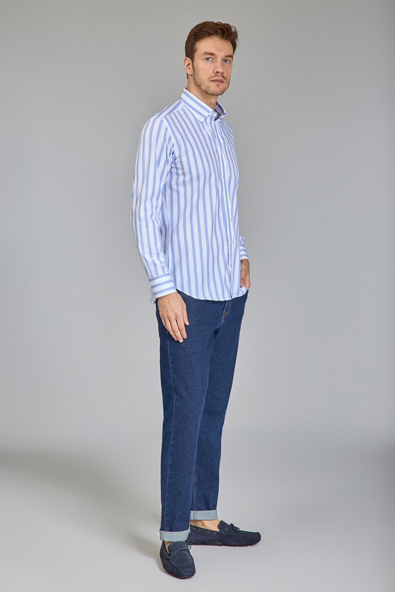 Regular Fit Uzun Kollu Mavi Pamuk Erkek Gömlek - 5