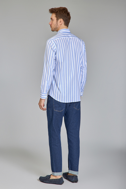 Regular Fit Uzun Kollu Mavi Pamuk Erkek Gömlek - 6