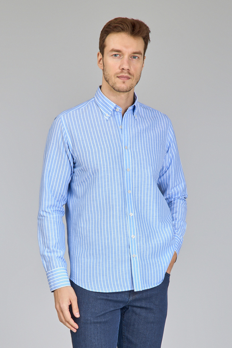Regular Fit Uzun Kollu Mavi Pamuk Keten Erkek Gömlek - 4