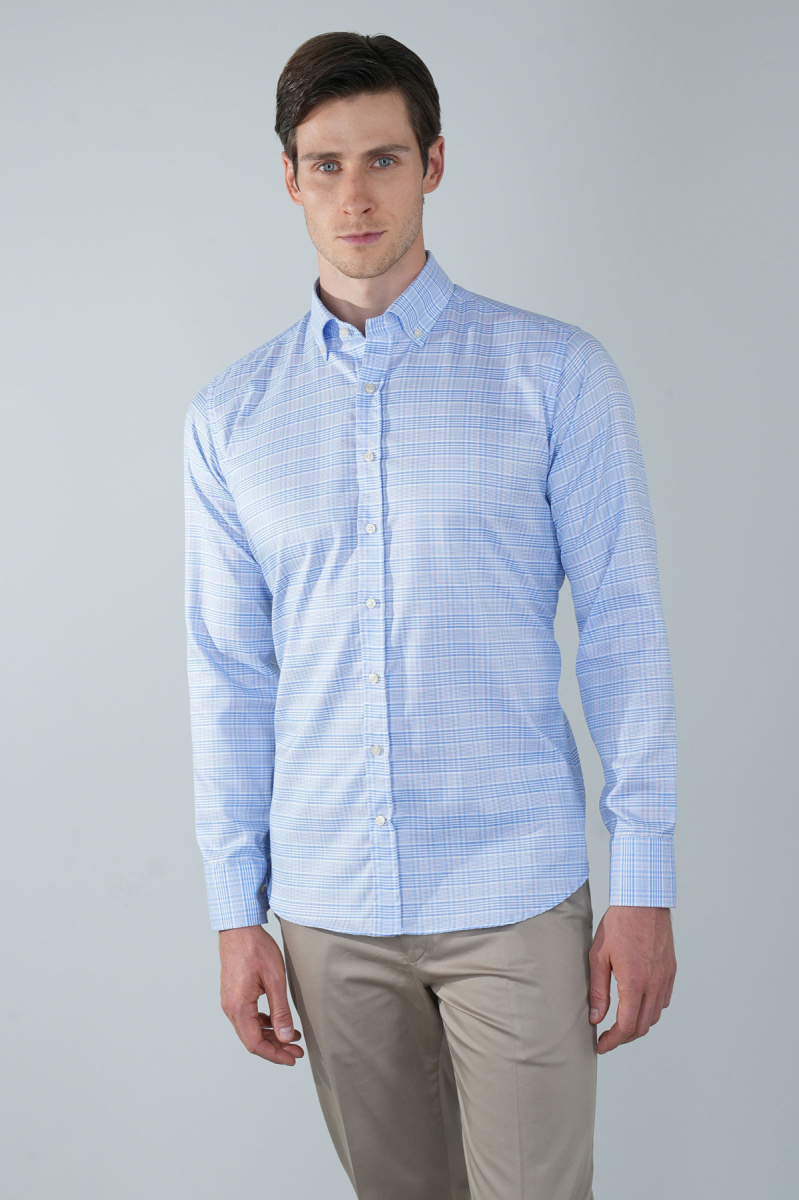 Regular Fit Uzun Kollu Mavi Pamuk Linen Erkek Gömlek