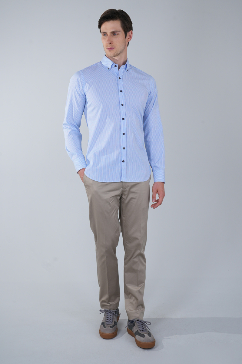 Regular Fit Uzun Kollu Paşa Yaka Cepsiz Pamuk Mavi Erkek Gömlek - 5