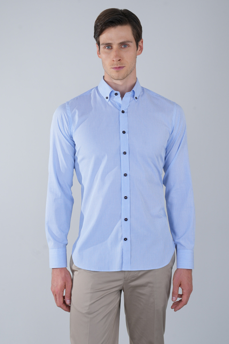 Regular Fit Uzun Kollu Paşa Yaka Cepsiz Pamuk Mavi Erkek Gömlek