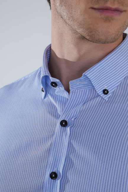 Regular Fit Uzun Kollu Paşa Yaka Cepsiz Pamuk Mavi Erkek Gömlek - 3