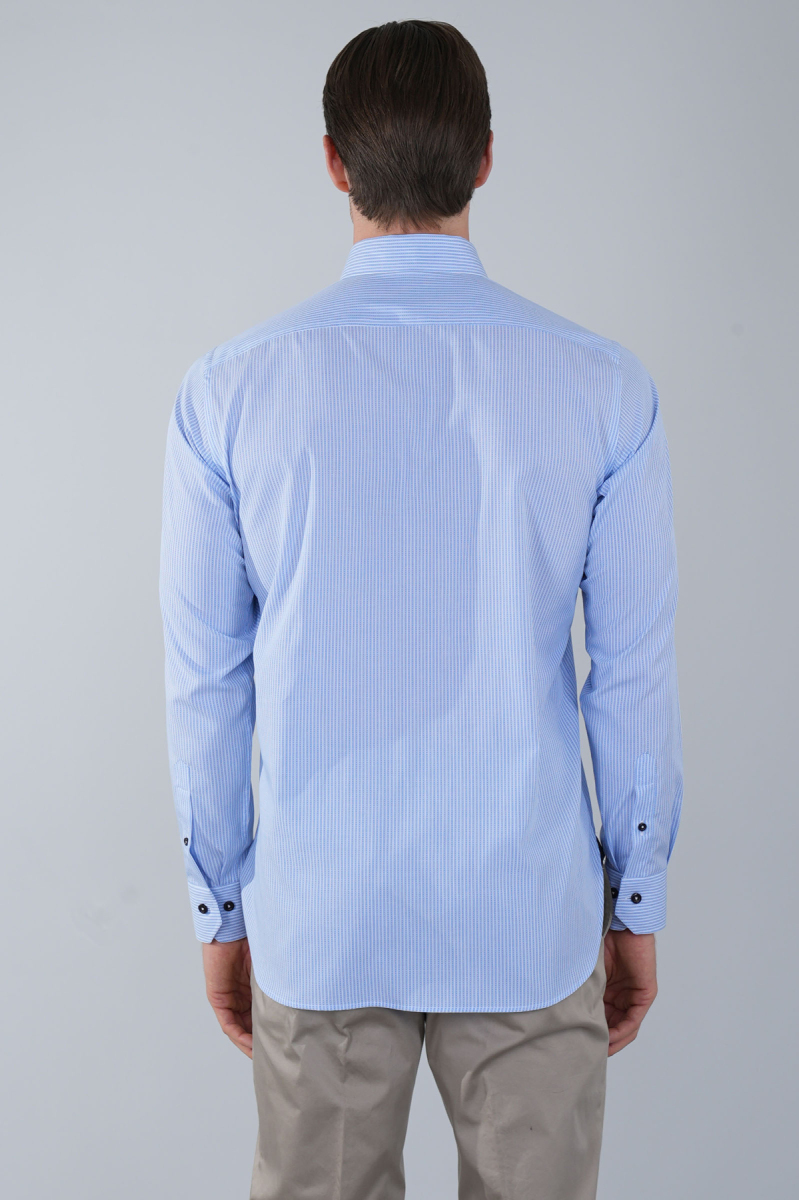Regular Fit Uzun Kollu Paşa Yaka Cepsiz Pamuk Mavi Erkek Gömlek (1)