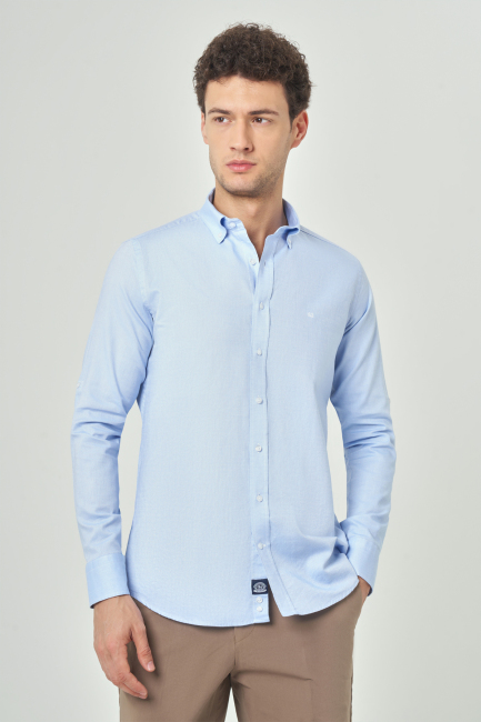 Regular Fit Uzun Kollu Paşa Yaka Kol İçi Apoletli Açık Mavi Erkek Gömlek 