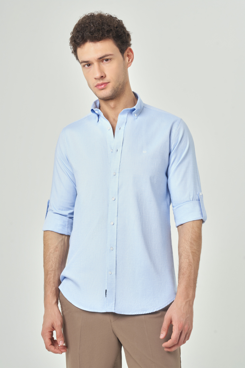 Regular Fit Uzun Kollu Paşa Yaka Kol İçi Apoletli Açık Mavi Erkek Gömlek - 4