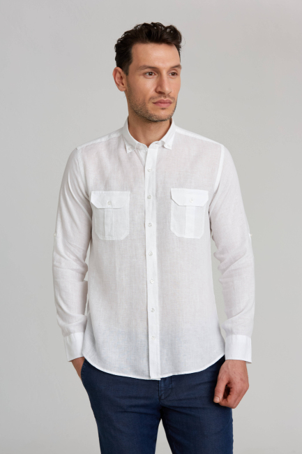 Regular Fit Uzun Kollu Paşa Yaka Kol İçi Apoletli Beyaz Spor Erkek Gömlek