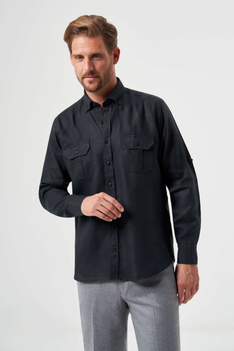Regular Fit Uzun Kollu Siyah Keten Apoletli Erkek Gömlek