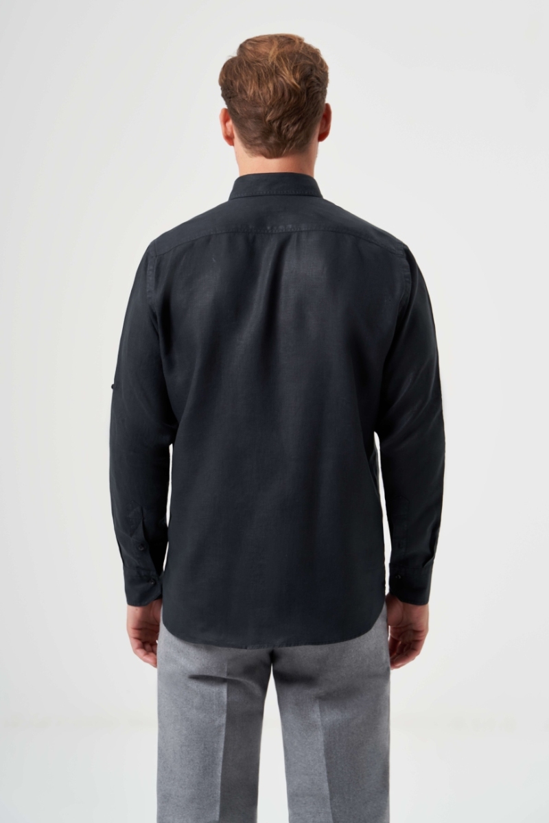 Regular Fit Uzun Kollu Siyah Keten Apoletli Erkek Gömlek (1)