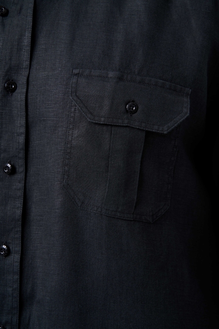 Regular Fit Uzun Kollu Siyah Keten Apoletli Erkek Gömlek - 3