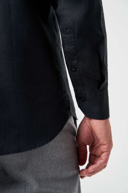 Regular Fit Uzun Kollu Siyah Keten Apoletli Erkek Gömlek - 4
