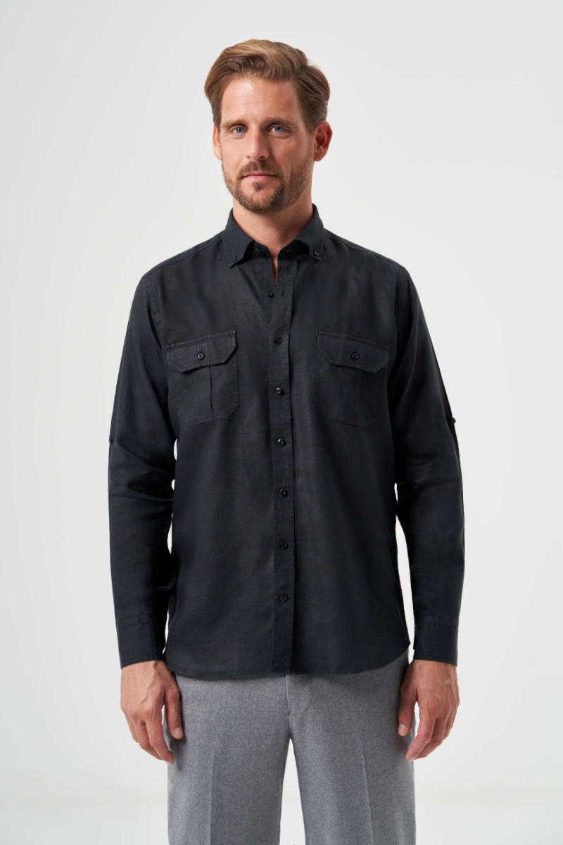 Regular Fit Uzun Kollu Siyah Keten Apoletli Erkek Gömlek - 5