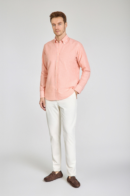 Regular Fit Uzun Kollu Turuncu Pamuk Keten Erkek Gömlek - 2