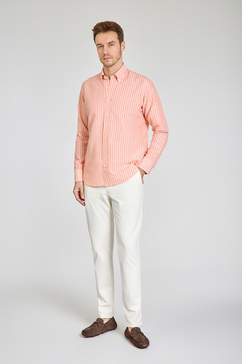 Regular Fit Uzun Kollu Turuncu Pamuk Keten Erkek Gömlek (1)