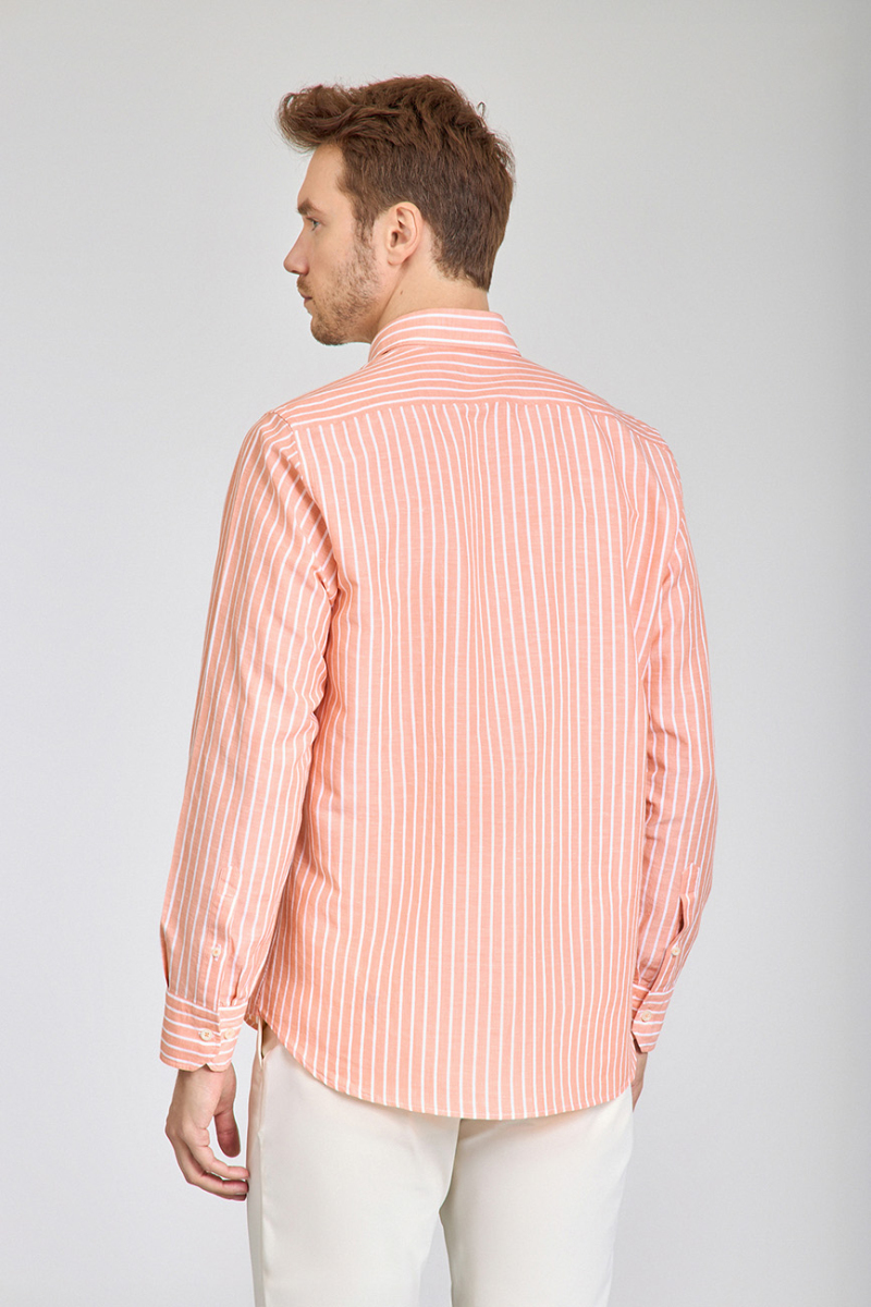 Regular Fit Uzun Kollu Turuncu Pamuk Keten Erkek Gömlek - 6