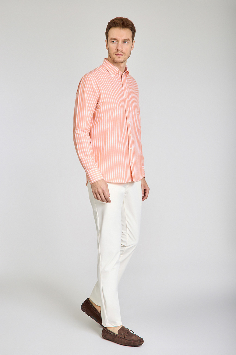 Regular Fit Uzun Kollu Turuncu Pamuk Keten Erkek Gömlek - 4