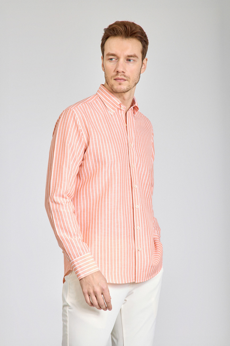 Regular Fit Uzun Kollu Turuncu Pamuk Keten Erkek Gömlek - 3