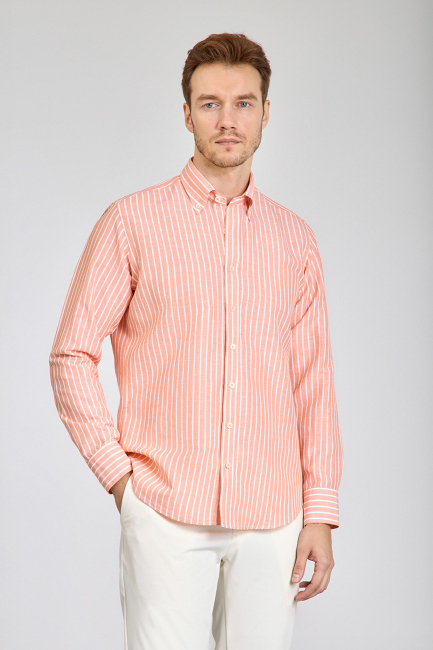 Regular Fit Uzun Kollu Turuncu Pamuk Keten Erkek Gömlek 